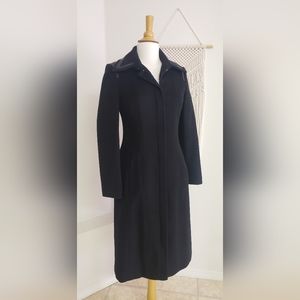 Tara Jarmon 36 Wool/Cashmere* Trench Coat Black Contrasting Faux Leather Trim